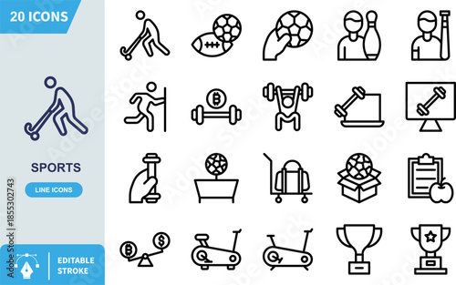 Minimalist line icon depicting an athlete engaged in the dynamic sport of field hockey ready to strike the ball with a stick.