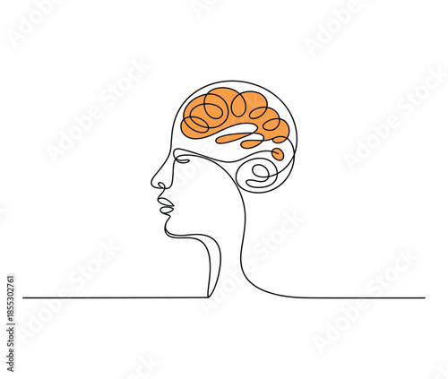 Human Brain Outline Drawing, Neurology Concept, Cognitive Function Analysis