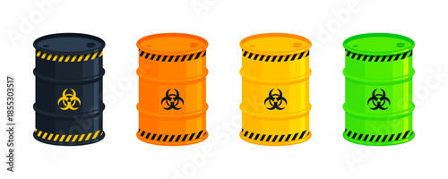 Set of biohazard waste barrels with warning symbols. Toxic, biological, chemical, contamination, and safety concepts. Flat vector illustration isolated on white background