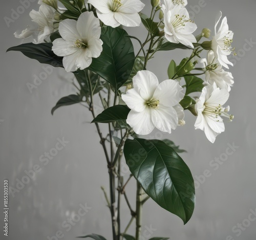 Close-up of the dark green glossy leaves and white fragrant flowers on a stem ,  gardenia taitensis,  bloom,  flowers