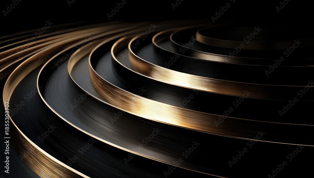 Fototapeta premium A series of metallic gold-edged dark rings, spiraling inwards, creating depth and contrast