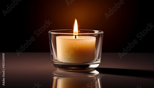A Lit Candle In A Clear Glass Holder On A Dark Surface Providing Soft Illumination And Reflection