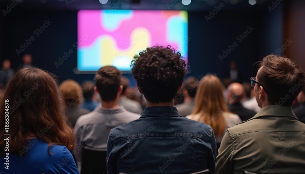 Obraz premium People attend conference focusing on mental health inclusivity. Audience watches presentation screen, learns about support, awareness for modern society challenges. Diverse professionals in meeting.