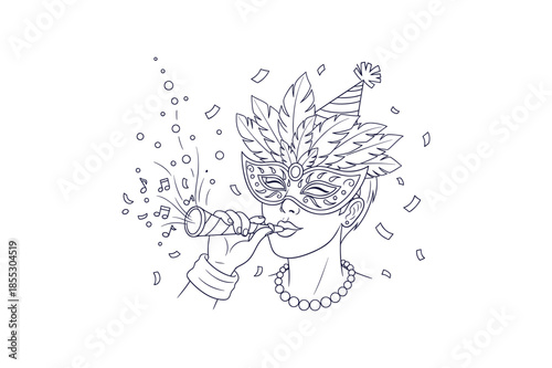 Elegant Brazilian Carnival Festival Masquerade Mask Drawing Blowing Party Blower Vector Line Art