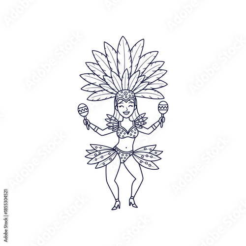 Traditional Brazilian Samba Dancer Carnival Festival Outline Vector Icon Maracas Dance