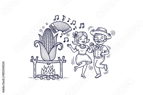 Traditional Brazilian Festa Junina Dance Vector Drawing Corn Bonfire Accordion Music