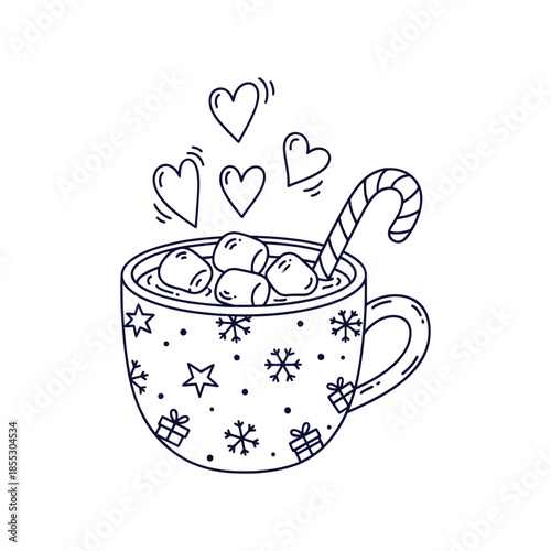 Hand Drawn Christmas Cocoa Mug Marshmallow Candy Cane Doodle Outline Vector Illustration
