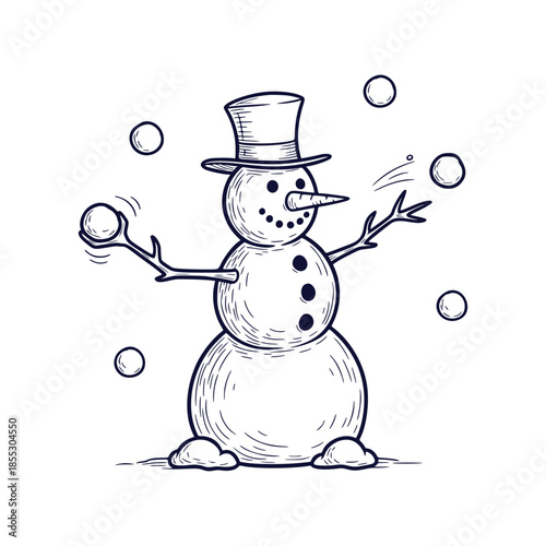 Hand-drawn Winter Snowman Playing Snowballs Engraving Sketch Detailed Christmas Vector Art Illustration