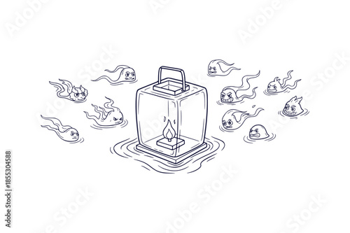 Spooky Japanese Yokai Festival Spirits Surrounding Floating Lantern Black Outline Vector Doodle