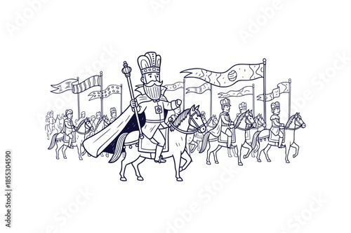 Majestic King Riding Horse Leading Historical Royal Cavalry Parade Outline Vector