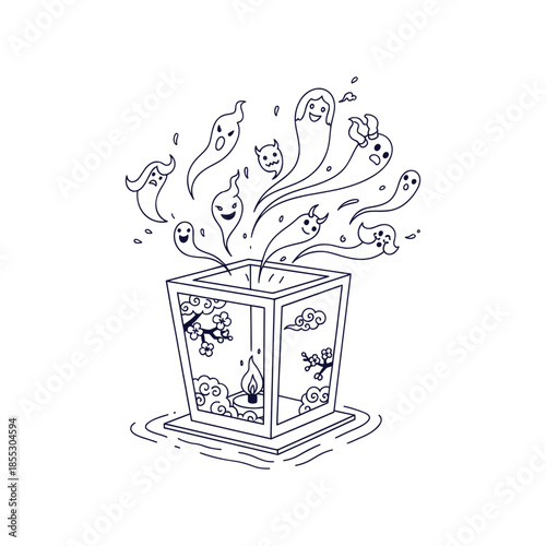 Adorable Japanese Ghosts Spirits Emerging from Traditional Lantern Festival Ritual Line Drawing Vector