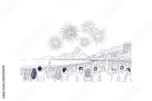 Huge Crowd Celebrating New Year's Eve Fireworks Display at Rio Beach Vector Sketch