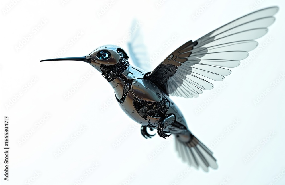 Obraz premium Mechanical hummingbird robot bird flies in air. Shiny metallic creature with detailed gears and wings. Futuristic invention inspires next gen automation and flight tech.