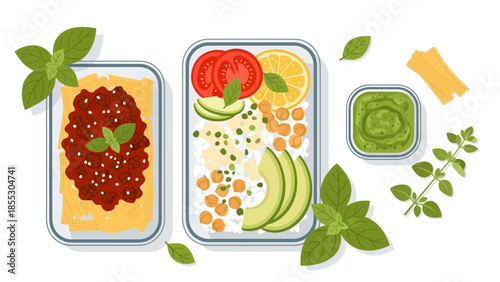 Healthy meal prep with pasta and chickpea salad in minimalist style