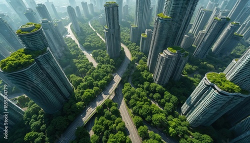Modern city with skyscrapers and green rooftop gardens. Aerial view shows rich trees surrounding buildings and highways. This eco-friendly urban landscape integrates nature and development.