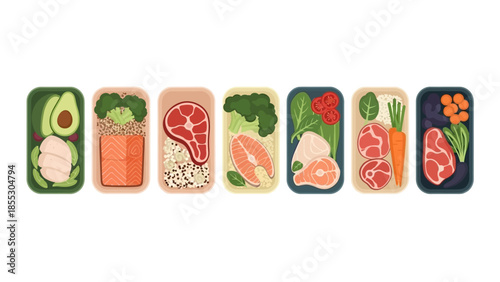 Colorful meal prep containers featuring vegetables and proteins in flat design