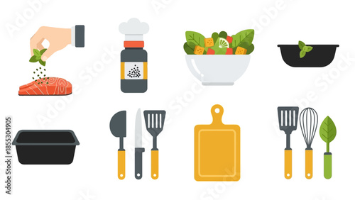 Flat design cooking icons: chef tools, fresh ingredients, and kitchen utensils collection