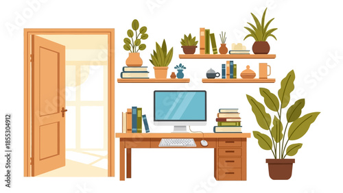 Cozy home office with plants and books in a flat design style