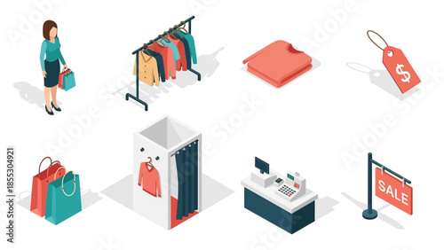 Isometric shopping scene with clothing and retail elements