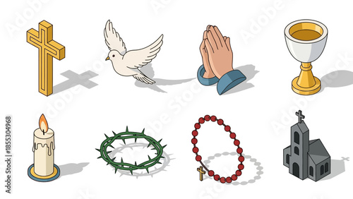 Set of isometric religious icons: cross, dove, prayer hands, and more