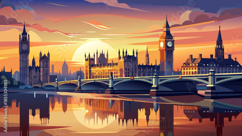 Very beautiful sunset view of the Palace of Westminster and Westminster Bridge, glowing warm tones reflecting on the Thames, capturing London’s historic elegance and iconic skyline.