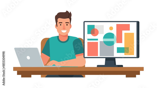 Smiling designer at desk with modern computer and geometric shapes display