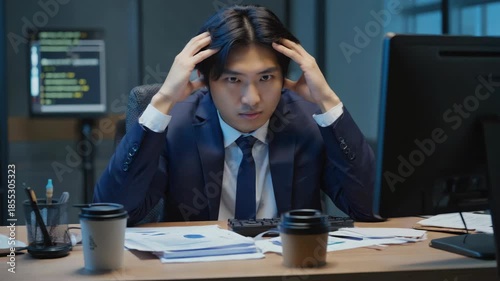 A man sitting at his desk wearing a suit and tie, looking frustrated or tired with his head resting on his hands. He is surrounded by papers and office equipment like a computer monitor