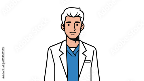 Professional man in lab coat standing in a clinical environment from a frontal viewpoint