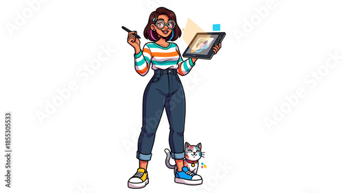 A professional graphic designer working on a digital illustration with a stylus and tablet