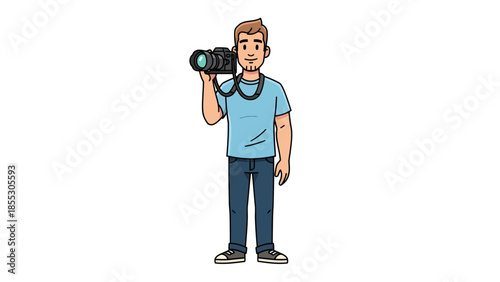 Professional photographer taking pictures with a camera in a studio setting from a front viewpoint