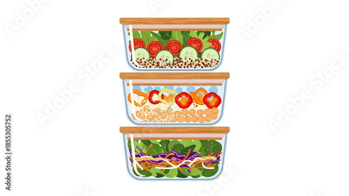 Colorful meal prep containers with fresh vegetables and grains