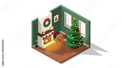 Cozy christmas living room with tree and fireplace in isometric design