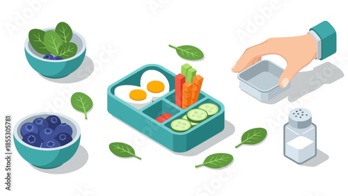 Healthy meal prep in isometric style with bento box and fresh ingredients