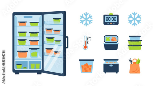 Organized freezer with containers and food supplies in flat design