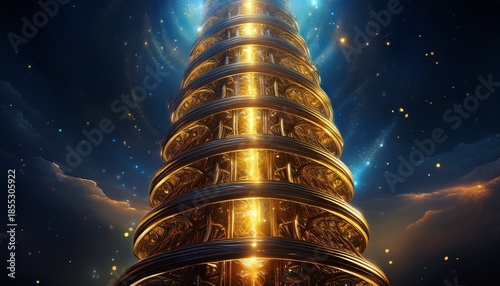 shimmering golden spiral tower with glowing light ascending