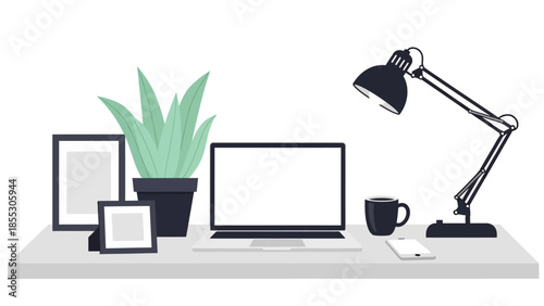 Minimal workspace design with laptop, lamp, coffee, and plant elements