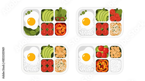 Healthy meal prep with eggs, vegetables, rice, and noodles in bento boxes