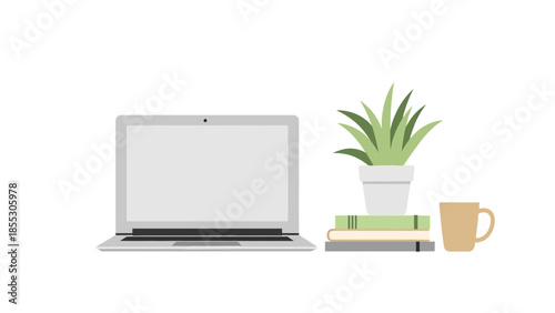 Minimalist workspace with laptop, books, and potted plant