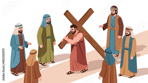 Biblical scene of jesus carrying the cross in isometric style with disciples
