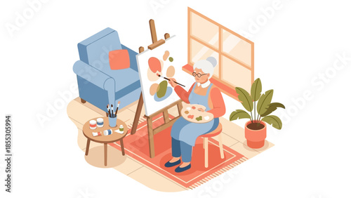 Elderly woman painting in cozy home studio with pastel colors