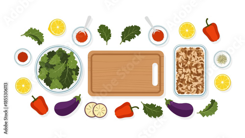 Flat style culinary ingredients with cutting board and fresh vegetables