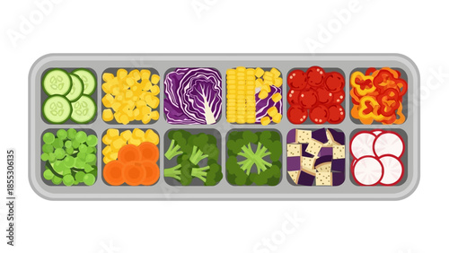 Colorful array of fresh vegetables in a food tray