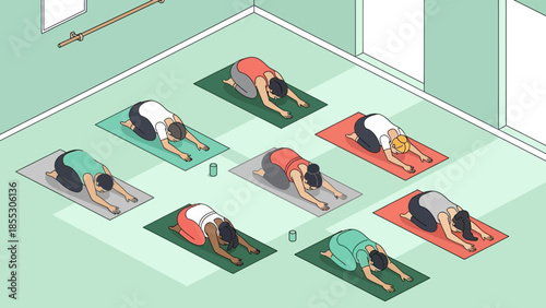 Group yoga class with people in child's pose in isometric studio setting