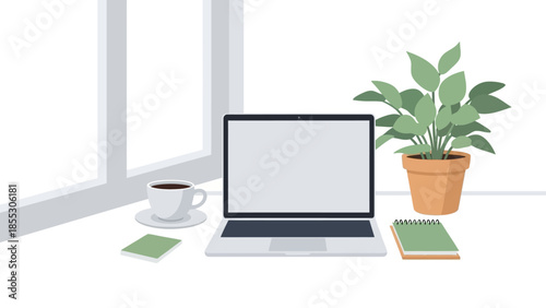 Modern workspace with laptop, coffee, and potted plant in minimalist style