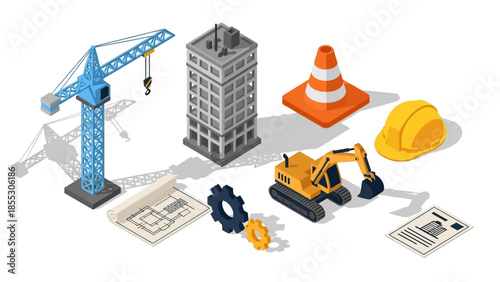 Isometric construction site elements with crane, building, and tools