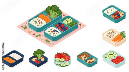 Colorful set of healthy packed lunches with vegetables and fruits