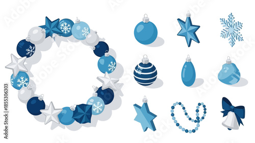 Festive blue and white holiday decorations with wreath and ornaments