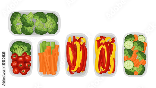 Colorful fresh vegetable meal prep with broccoli, peppers, and carrots in containers