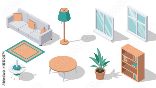 Modern isometric living room furniture and decor elements on white background