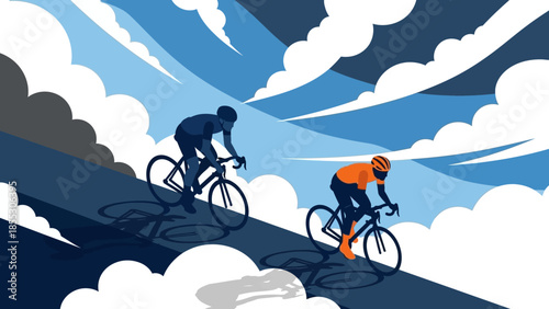 Cyclists racing through skyward paths amidst flowing clouds with dynamic shadows